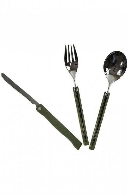 Set Tacâmuri Pliabile Mil-Tec cu Etui – 3 Piese, Inox, Oliv