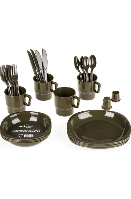 Set Veselă și Tacâmuri Mil-Tec pentru 4 Persoane – Plastic, 1 kg, Oliv