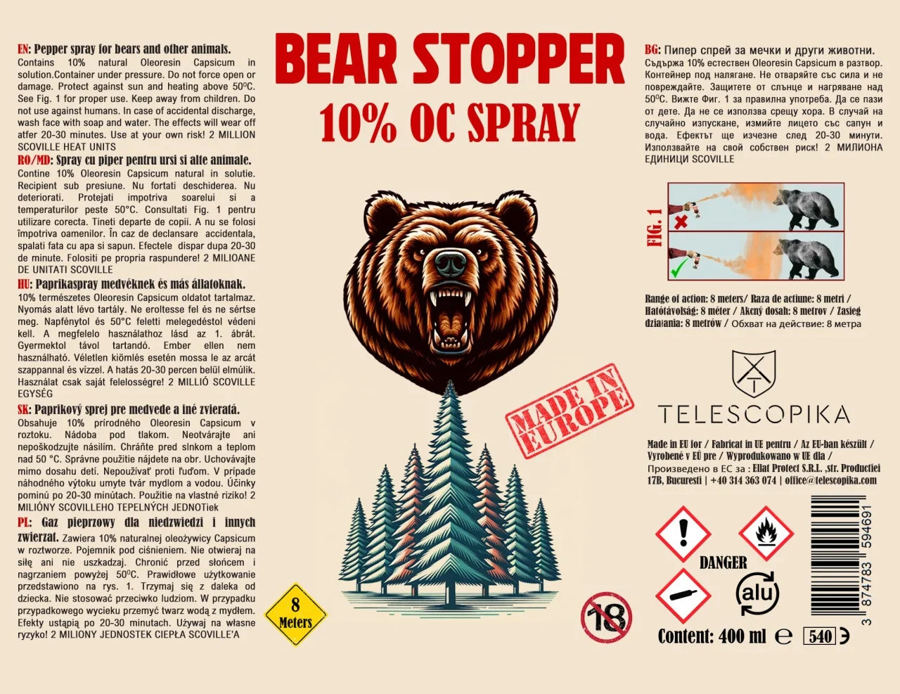 Spray anti-urs cu piper 400 ml Bear Stopper, 10% OC, 8m, pentru aparare impotriva ursilor, cainilor si a altor animale, pulverizare dispersie
