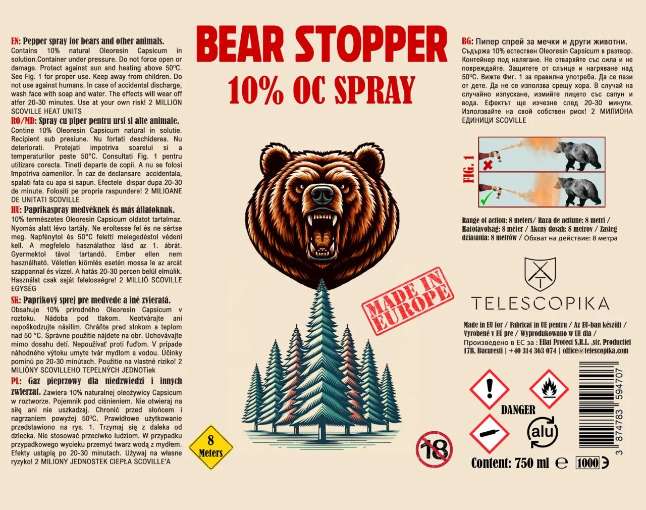 Spray anti-urs cu piper 750 ml Bear Stopper, 10% OC, 8m, pentru aparare impotriva ursilor, cainilor si a altor animale, pulverizare dispersie