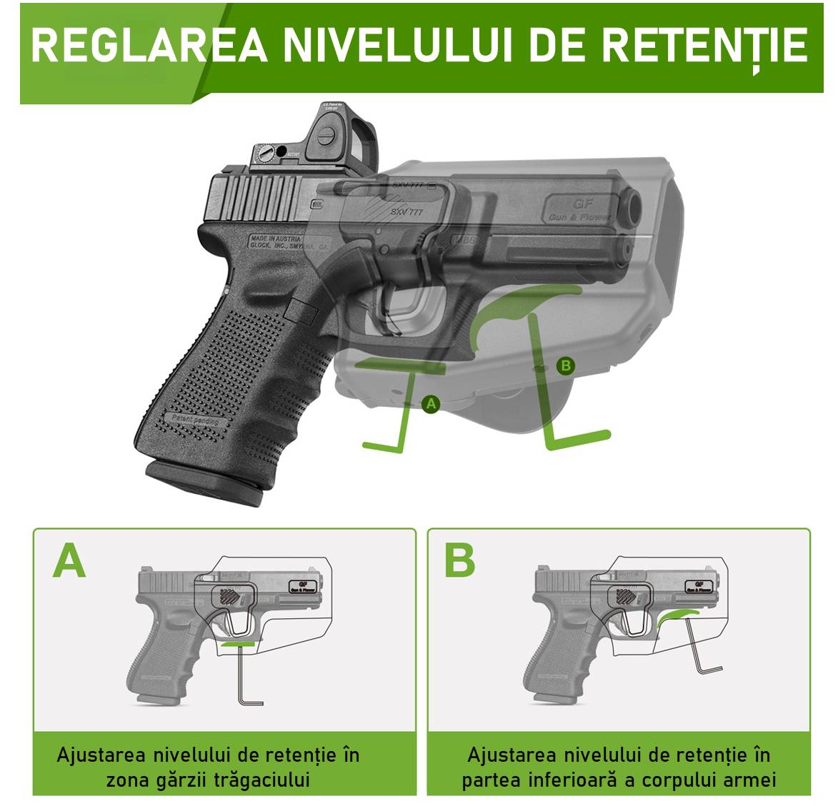 Toc pistol GUN FLOWER® UNI PRO, lvl. II, universal, din polimer, OWB, optic-ready, acceptă peste 100+ modele de pistol GF-POUNIA