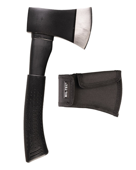 Topor Mil-Tec Hatchet Steel cu Husă – Lungime 28 cm, Mâner TPR, Negru