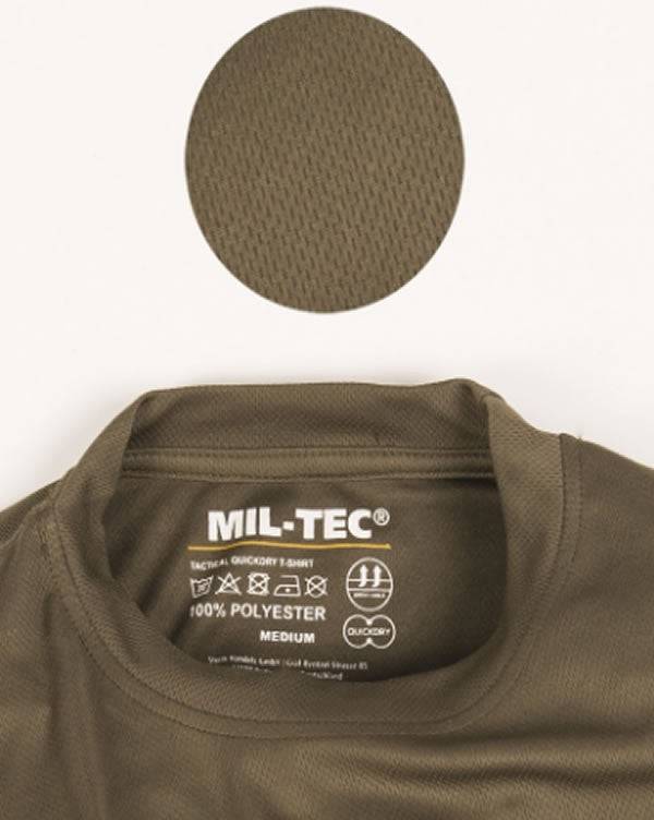 Tricou Tactic Mil-Tec QuickDry – detaliu cu eticheta de la guler și materialul