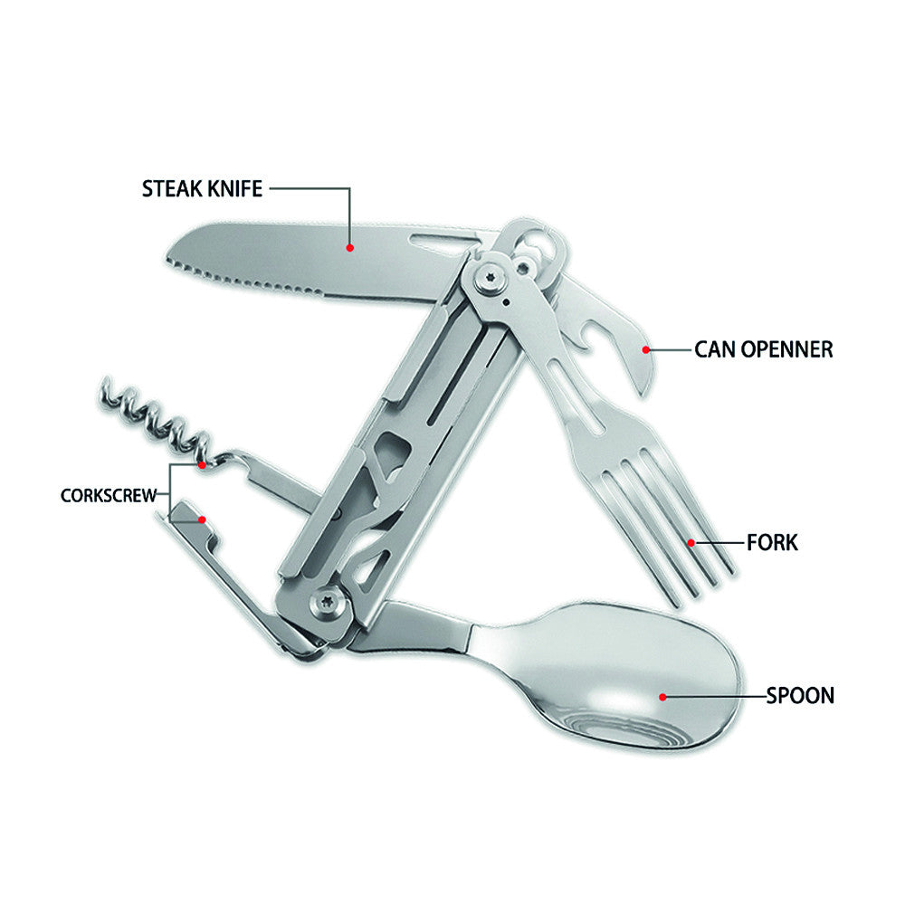 Uneltă Tactică Camping 6 în 1 Zilver/Chrome - Pregătire Absolută