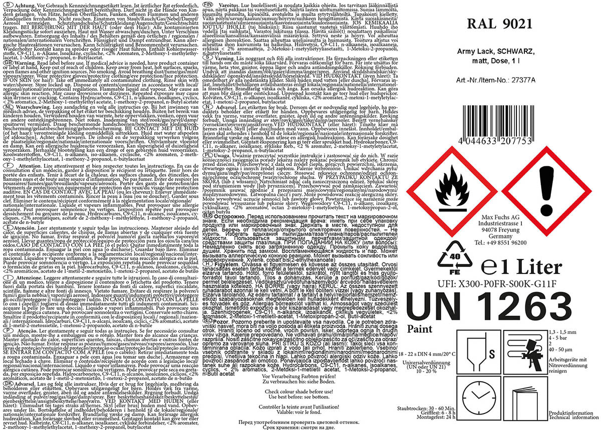 Vopsea Army Negru MFH - Uscare Rapidă, Mat, 1L