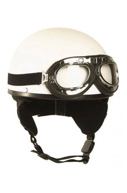 Cască Half Shell Albă cu Ochelari – Look Retro-Cool, Ideală pentru Costume sau Decor Tactic