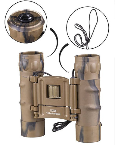 Pouch: 100% Nylon Weight: ca. 255 g (with pouch) Visual field: 101 m / 1000 m Exit pupils: 2,0 mm Objective diameter: 25 mm Magnification: 10-fold - diopter fine tuning - small, practical binocular - including pouch